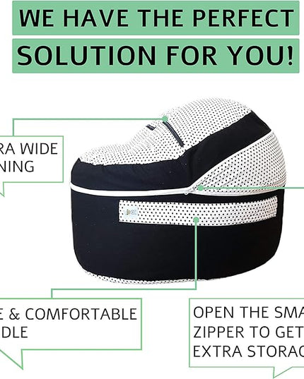 2 Sizes in 1 Stuffed Animal Storage Bean Bag Chair Cover for Kids & Adults | Washable XL Stuffie Seat | 100% Cotton | Pouf Organizer for Plush Toys, Linens, Quilts & Pillows | Black & White - LeafyLoom