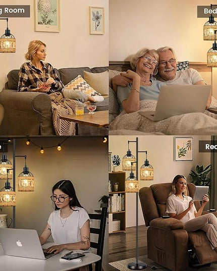 Tree Floor Lamp Rattan for Living Room,Bedroom,3-Lights Boho Floor Lamps,Farmhouse Industrial Black Standing Lamp Wicker Tall Lamp,Woven Bamboo Lamp Shade Floor Light Bohemian - LeafyLoom