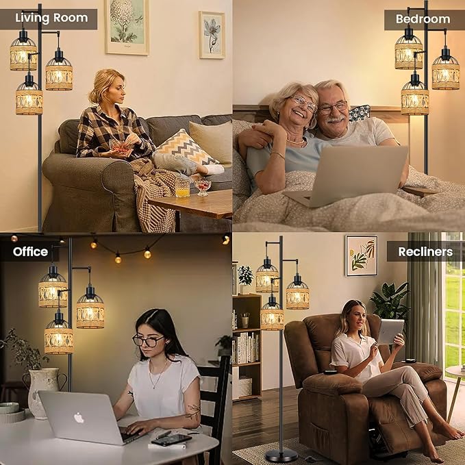 Tree Floor Lamp Rattan for Living Room,Bedroom,3-Lights Boho Floor Lamps,Farmhouse Industrial Black Standing Lamp Wicker Tall Lamp,Woven Bamboo Lamp Shade Floor Light Bohemian - LeafyLoom