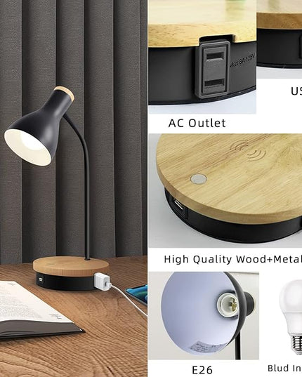 Metal Desk Lamp Wireless Charging Table Lamp Touch Reading Lights Arc Desk Lamps for Bedroom, 3 Way Dimmable Bedside Lamp with USB Charging Ports, Reading Lamp for Study Room and Office (Black-02) - LeafyLoom