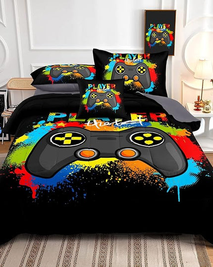 Kids Gaming Bedding Sets, 6 Piece Gamer Comforter Sets for Teens Boys Queen Size for Bedroom Comforter Set Adult 3D Gamepad Microfiber Bedding Sets Fits All Season Queen Comforter Set - LeafyLoom