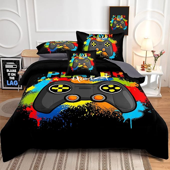 Kids Gaming Bedding Sets, 6 Piece Gamer Comforter Sets for Teens Boys Full Size for Bedroom Comforter Set Adult 3D Gamepad Microfiber Bedding Sets Fits All Season Bedding Comforter Sets - LeafyLoom