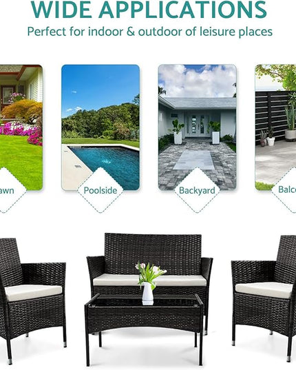 Patio Furniture, 4 Piece Conversation Set, Outdoor Wicker Rattan Table and Chairs, Sectional Sofa with Thick Cushion for Garden, Yard, or Porch, Dark Black - LeafyLoom