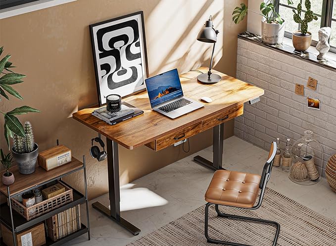FEZIBO Adjustable Height Electric Standing Desk with Double Drawer, 55x 24 Inches Stand Up Home Office Desk with Splice Tabletop, Black Frame/Fir Brown Top - LeafyLoom