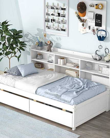 Twin Size Platform 2 Storage Drawers and Side Bookcase, Solid Wood Day Captain, Ideal Bed Frame for Bedroom, Living Room, White - LeafyLoom