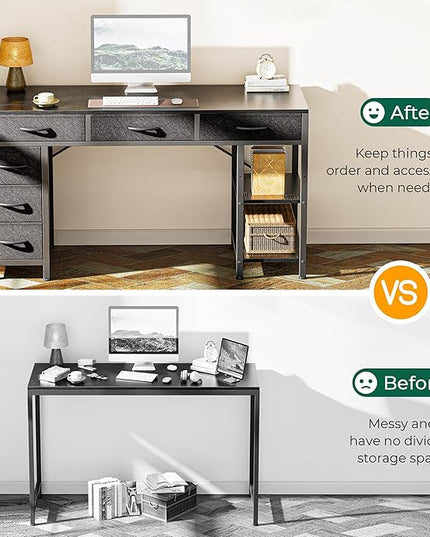 Computer Desk with 6 Drawers, 47 Inch Office Desk with Shelves, Reversible Gaming Desk, Corner Desk with Storage, Work Desk for Home Office, Study, Living Room, Black - LeafyLoom