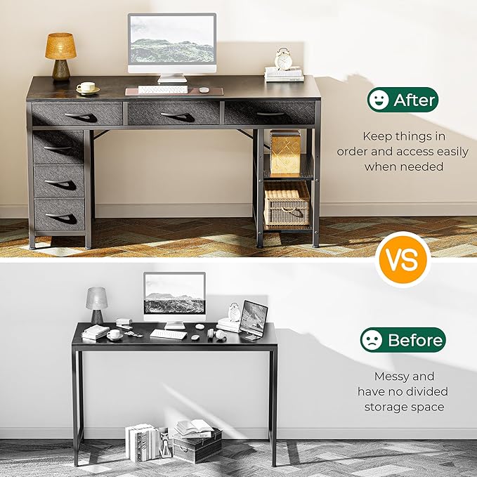 Computer Desk with 6 Drawers, 47 Inch Office Desk with Shelves, Reversible Gaming Desk, Corner Desk with Storage, Work Desk for Home Office, Study, Living Room, Black - LeafyLoom