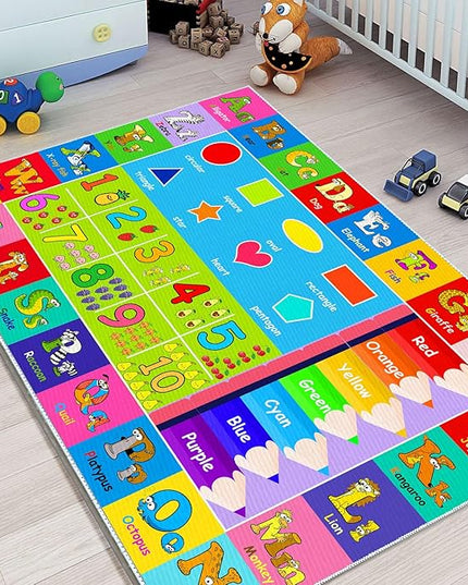 Kids Alphabet Play Game Rug - 2' 7" x 4' ABC Numbers and Shapes Educational Learning Toddler Carpet - Kids Room Playroom Classroom Kindergarten Activity Fun Soft Non-Slip Mat - LeafyLoom