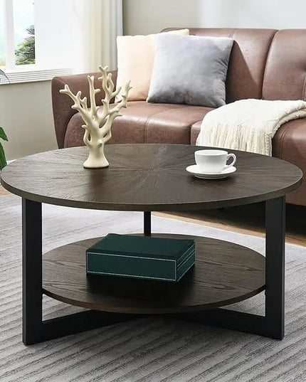 MODERION Round Coffee Table with Storage Shelf, Farmhouse Living Room Cocktail Table with Black Metal Legs, Circular Solid Wood Center Tea/ Sofa Table, 35.3''Dx17.8''H, Brushed Black KFZ1338BK - LeafyLoom