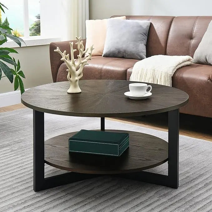 MODERION Round Coffee Table with Storage Shelf, Farmhouse Living Room Cocktail Table with Black Metal Legs, Circular Solid Wood Center Tea/ Sofa Table, 35.3''Dx17.8''H, Brushed Black KFZ1338BK - LeafyLoom