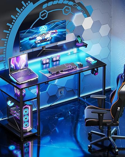 MOTPK Gaming Desk with Led Lights & Power Outlet, 40 Inch Small Gaming Computer Desk with Shelves, Reversible Gamer Desk Table with Adjustable Monitor Stand & Headphone Hook, Carbon Fiber Texture - LeafyLoom