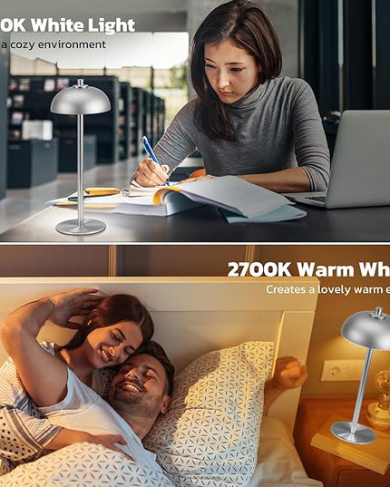 Rechargeable Cordless Table Lamp 2 Pack - 5000mAh Battery Powered Lamp, 3 Color Stepless Dimming LED Table Light with Memory Function for Indoor, Outdoor, Dinner, Patio, Cafe.(Silver) - LeafyLoom
