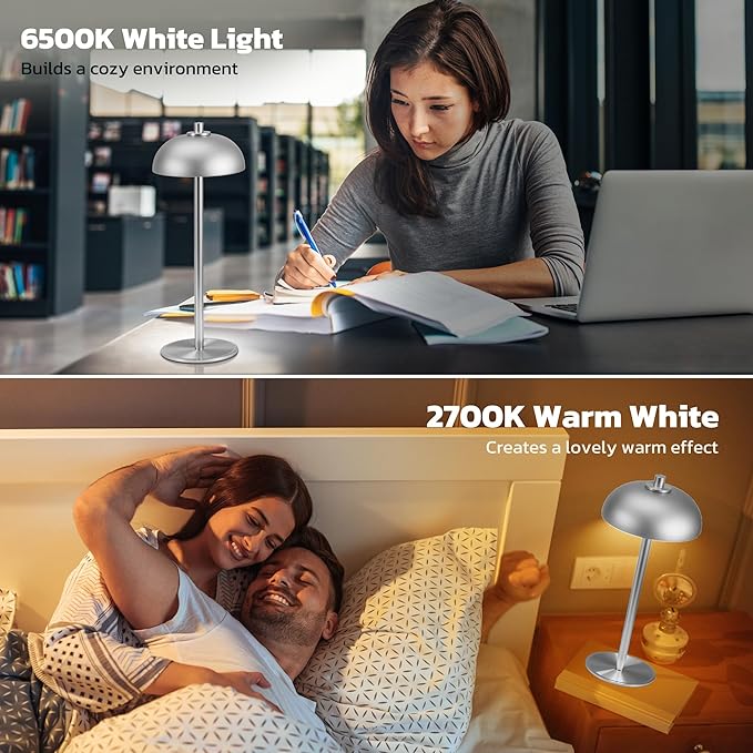 Rechargeable Cordless Table Lamp 2 Pack - 5000mAh Battery Powered Lamp, 3 Color Stepless Dimming LED Table Light with Memory Function for Indoor, Outdoor, Dinner, Patio, Cafe.(Silver) - LeafyLoom