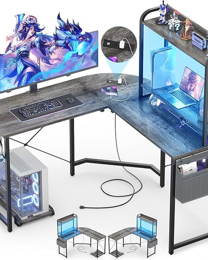 Small L Shaped Gaming Desk with Power Outlets, Corner Gaming Desk with LED Light, Reversible L-Shaped Desk with Monitor Stand & Hutch, L Shaped Desk Home Office Desk with Storage Bag, Grey - LeafyLoom