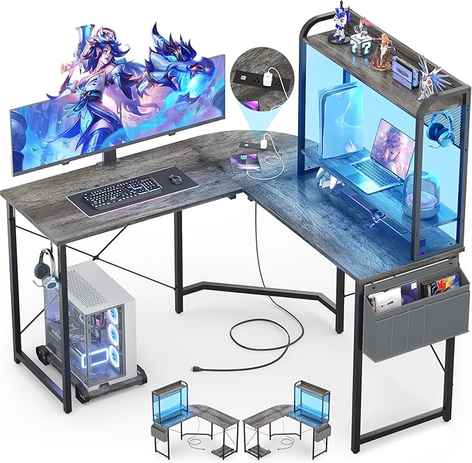 Small L Shaped Gaming Desk with Power Outlets, Corner Gaming Desk with LED Light, Reversible L-Shaped Desk with Monitor Stand & Hutch, L Shaped Desk Home Office Desk with Storage Bag, Grey - LeafyLoom