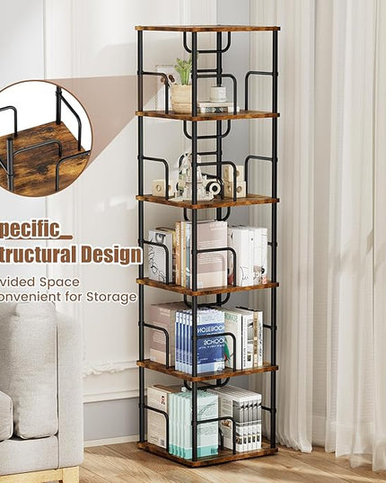 5 Tier Square Rotating Bookshelf, 360 ° Display Stackable Spinning Bookshelf Tower, Space Saving Tall Floor Standing Swivel Bookcase Corner Storage Organizer for Bedroom, Living Room, Rustic Brown - LeafyLoom