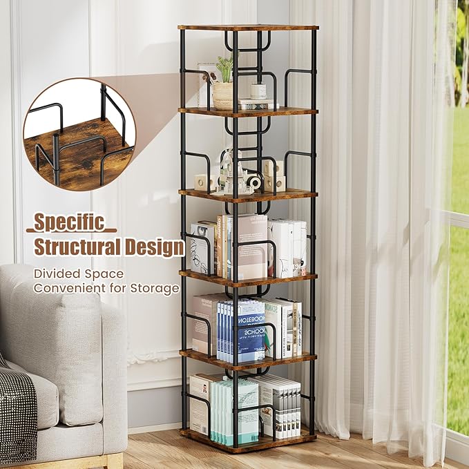5 Tier Square Rotating Bookshelf, 360 ° Display Stackable Spinning Bookshelf Tower, Space Saving Tall Floor Standing Swivel Bookcase Corner Storage Organizer for Bedroom, Living Room, Rustic Brown - LeafyLoom