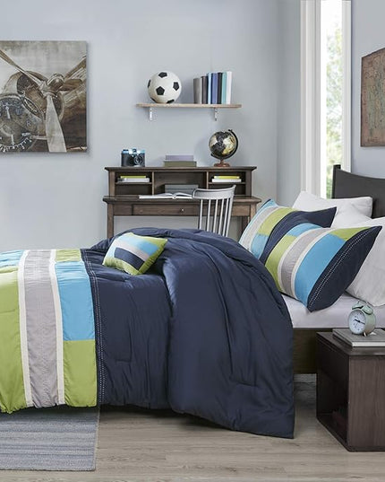 Mi Zone Cozy Comforter Set Geometric Stripes Vibrant Color Design All Season Bedding Matching Shams, Decorative Pillow, Twin/Twin XL, Pipeline Navy, 3 Piece - LeafyLoom
