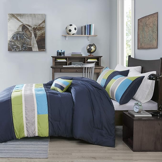 Mi Zone Cozy Comforter Set Geometric Stripes Vibrant Color Design All Season Bedding Matching Shams, Decorative Pillow, Twin/Twin XL, Pipeline Navy, 3 Piece - LeafyLoom