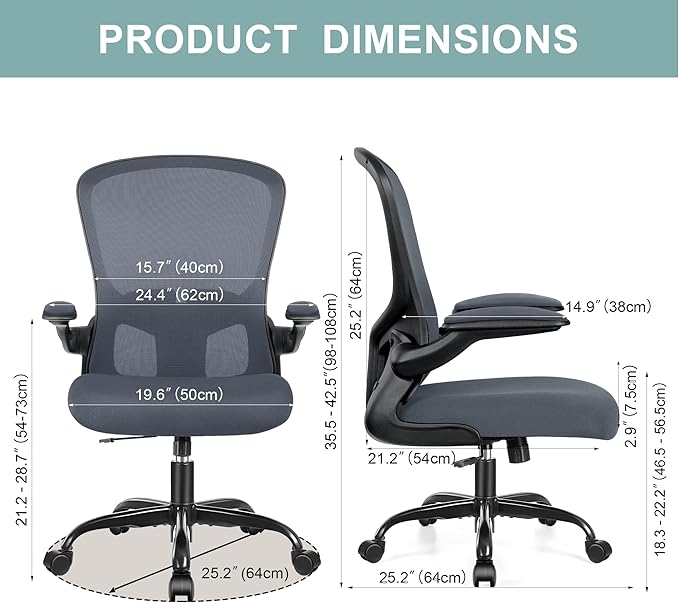 Ergonomic Office Chair, Lumbar Support Desk Chair with Flip-up Armrest and Breathable Mesh, Height Adjustable Swivel Office Chair Darkgray - LeafyLoom