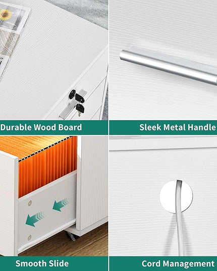 DWVO 3 Drawer File Cabinet with Charging Station, Mobile Filing Cabinet with Lock, White - LeafyLoom