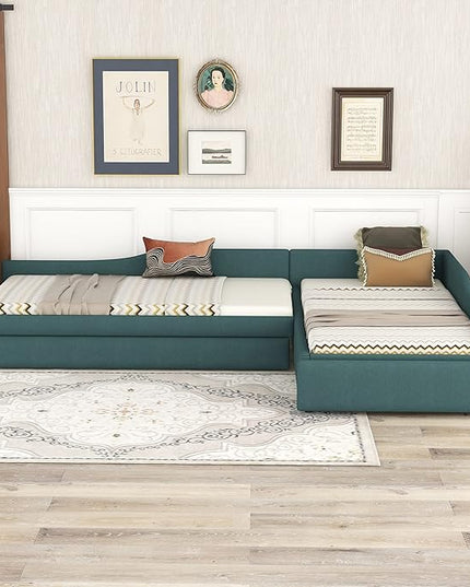 L-Shaped Upholstered Twin Size Daybed with Storage Drawer and Trundle, Twin Size Double Platform Beds Corner Bed Daybed for Kids, Green - LeafyLoom