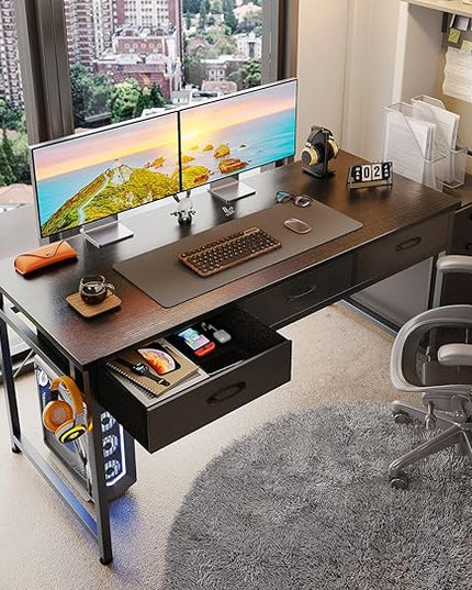 ODK 55 Inch Computer Desk with 3 Cloth Drawers for Home Office, Vanity Desk with Storage and Hook for Bedroom, Work Desk, Study Writing Table, Black - LeafyLoom