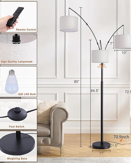 Arc Floor Lamp for Living Room with Remote Control, Dimmable Modern Mid Century 3 Lights Arched Tall Floor Lamp, Adjustable Standing Corner Lamp for Living Room Bedroom Office, Beige Lampshad (Black) - LeafyLoom