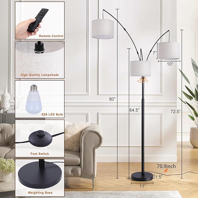 Arc Floor Lamp for Living Room with Remote Control, Dimmable Modern Mid Century 3 Lights Arched Tall Floor Lamp, Adjustable Standing Corner Lamp for Living Room Bedroom Office, Beige Lampshad (Black) - LeafyLoom