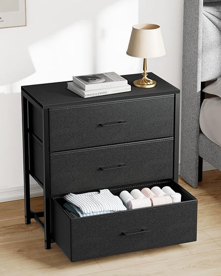 Nightstand with 3 Drawers for Bedroom, Storage Dresser with Fabric Drawers and Metal Frame for Closet, Living Room, Bedside Table with Wood Top, Easy Pull Handle, Black - LeafyLoom