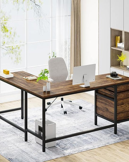 Tribesigns L Shaped Desk with File Drawer Cabinet, 59 Inch Corner Desk L Shaped Computer Desk with Drawers, PC Table Writing Desk for Home Office, Rustic Brown - LeafyLoom