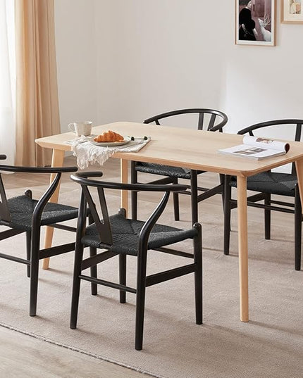 Farini Wishbone Chairs for Dining Room Solid Wood Rattan Chair Armchairs Y Shaped Backrest Hemp Seat for Home Restaurant Fully-Assembled(Set of 2,Black-Black Seat) - LeafyLoom