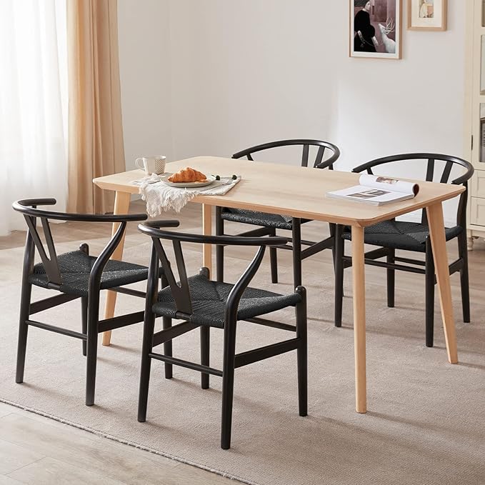 Farini Wishbone Chairs for Dining Room Solid Wood Rattan Chair Armchairs Y Shaped Backrest Hemp Seat for Home Restaurant Fully-Assembled(Set of 2,Black-Black Seat) - LeafyLoom