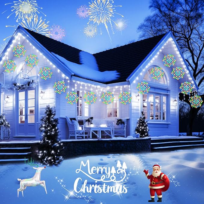 Christmas Snowflake Icicle Lights Outdoor - Plug-in 23.6ft 10 Drops 480LED Snowflake Window Lights, Connectable for Indoor Outdoor Porch Eaves Rooftops Canopy Christmas Decoration, Multicolor Brightown