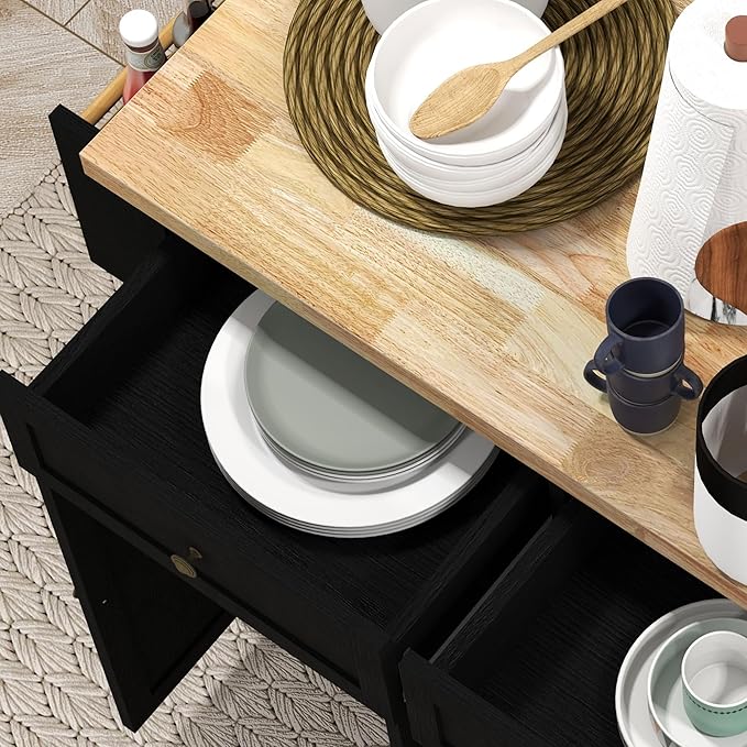 HOMCOM Kitchen Island on Wheels, Rolling Cart with Rubberwood Top, Spice Rack, Towel Rack and Drawers for Dining Room, Distressed Black - LeafyLoom