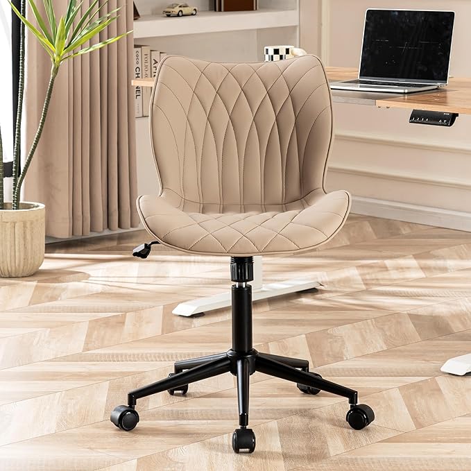 YOUNUOKE Office Desk Chair, Comfy Home Office Chairs, Small Comfortable Desk Chairs with Wheels, Armless PU Leather Chairs for Computer Conference, Khaki - LeafyLoom