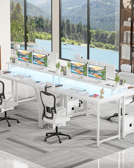 55 inch Computer Desk with Power Outlets, Office Desk Gaming desk with LED Lights, Home Office Desk with Monitor Shelf, Modern Work Desk Study Writing Table for Bedroom, White - LeafyLoom