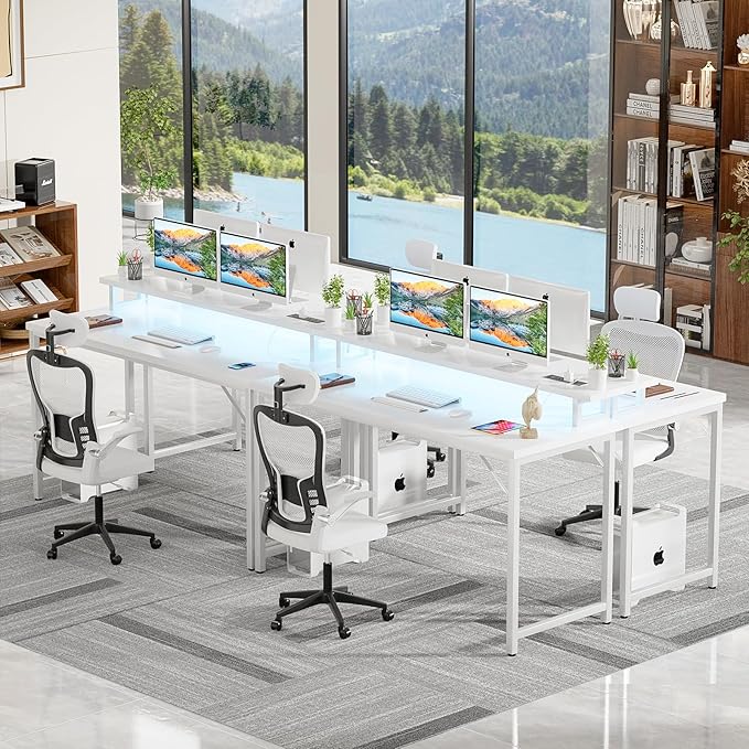 55 inch Computer Desk with Power Outlets, Office Desk Gaming desk with LED Lights, Home Office Desk with Monitor Shelf, Modern Work Desk Study Writing Table for Bedroom, White - LeafyLoom