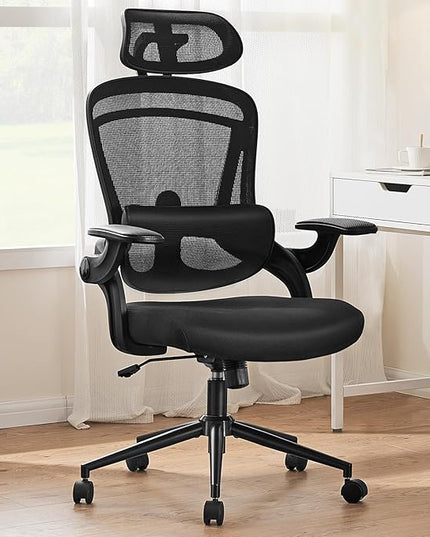 Ergonomic Office Chair, High Back Desk Chair with Adjustable Lumbar Support & Headrest,Comfortable Mesh Computer Chair with Soft Flip Up Arms, Adjustable Height and 120°Tilt,Black - LeafyLoom