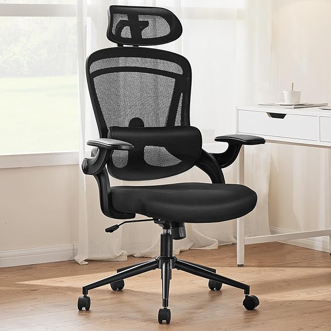 Ergonomic Office Chair, High Back Desk Chair with Adjustable Lumbar Support & Headrest,Comfortable Mesh Computer Chair with Soft Flip Up Arms, Adjustable Height and 120°Tilt,Black - LeafyLoom