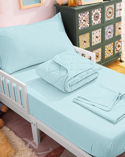 NTBAY Toddler Bedding Set - 4 Piece Soft and Breathable Crib Bedding Set for Boys and Girls, Includes Quilted Comforter, Fitted Sheet, Flat Top Sheet and Envelope Pillowcase, Aqua - LeafyLoom