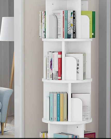 Rotating Bookshelf 51.2", White Wood Bookcase for Kids and Adults, 360 Display 4 Tier Small Corner Book Shelf Organizer, Floor Standing Storage Rack for Bedroom, Living Room, White - LeafyLoom