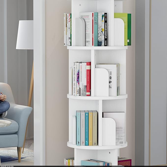 Rotating Bookshelf 51.2", White Wood Bookcase for Kids and Adults, 360 Display 4 Tier Small Corner Book Shelf Organizer, Floor Standing Storage Rack for Bedroom, Living Room, White - LeafyLoom