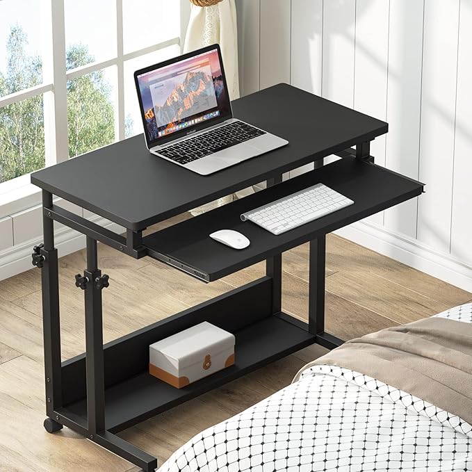 Tribesigns Portable Desk for Sofa and Bed, Height Adjustable Mobile Laptop Table Small Standing Desk Rolling Computer Cart with Keyboard Tray on Wheels for Home Office (Black) - LeafyLoom