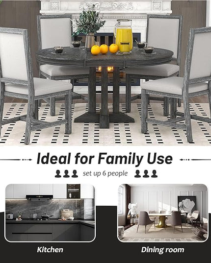 Extendable Round Upholstered, X-Shape Base, Modern Small Kitchen Chairs Room Home Furniture Breakfast Nook, Dining Table Set for 4-6, Black - LeafyLoom
