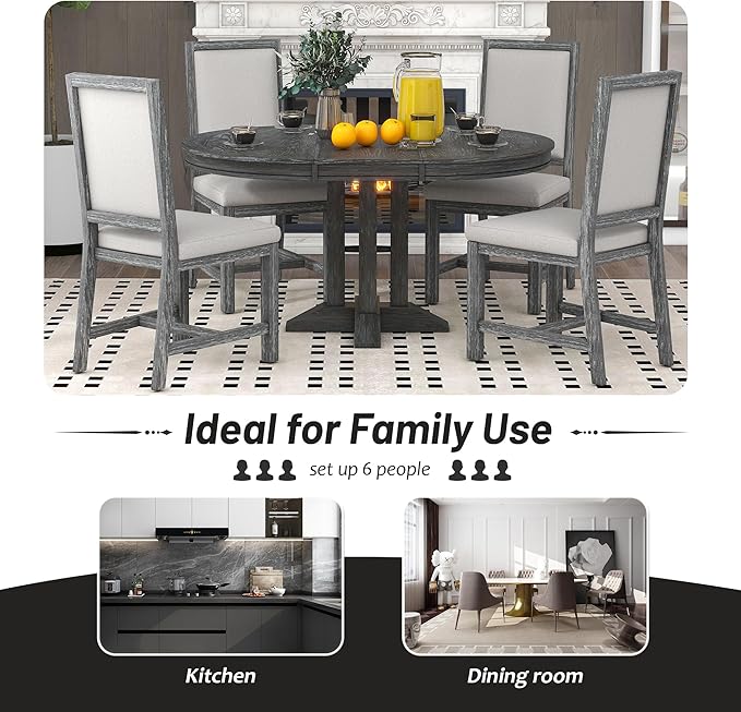 Extendable Round Upholstered, X-Shape Base, Modern Small Kitchen Chairs Room Home Furniture Breakfast Nook, Dining Table Set for 4-6, Black - LeafyLoom