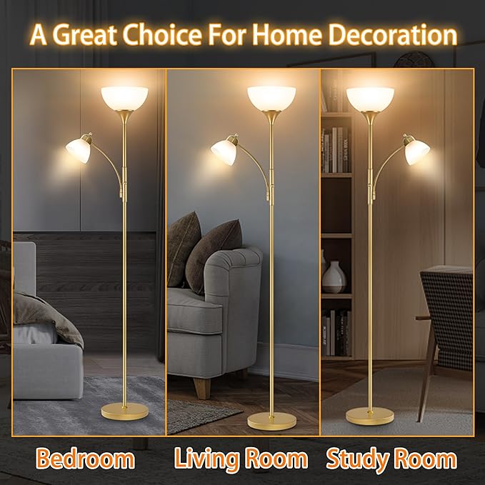 Floor Lamp, Standing lamp, 3 Levels Dimmable Brightness, Included 9W and 5W LED Bulbs, Lamp for Living Room, Bedroom, Office, Reading - LeafyLoom