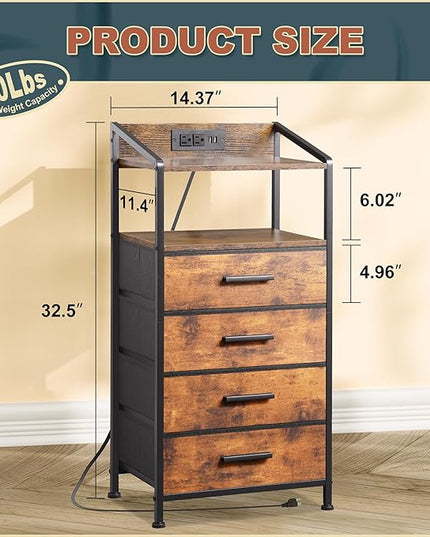 Nightstand 4 Drawer Dresser with LED Lights and Charging Station, Vertical Side Table with Fabric Drawers, End Table with Open Shelf, Tall Dresser for Bedroom, Hallway, Entryway, Rustic Brown - LeafyLoom