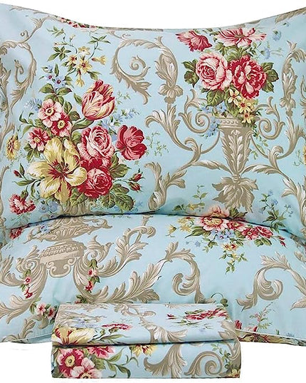 QSH Floral Queen Size Sheet Sets - Luxury Peony Flower Print Pattern Egyptian Cotton Printed Bedding Sheets Queen Size Bed Extra Soft and Breathable 4pcs Deep Pockets Bed Sheets - LeafyLoom
