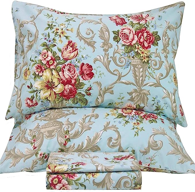QSH Floral Queen Size Sheet Sets - Luxury Peony Flower Print Pattern Egyptian Cotton Printed Bedding Sheets Queen Size Bed Extra Soft and Breathable 4pcs Deep Pockets Bed Sheets - LeafyLoom